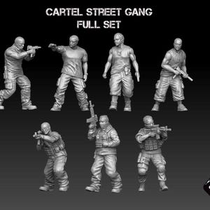 May include: A full set of miniature figures depicting a street gang, with the text "CARTEL STREET GANG FULL SET" at the top. The figures are in various action poses, holding weapons. The Black Hills Games logo is in the bottom right corner.