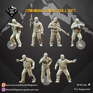 May include: A full set of miniature figures depicting a criminal gang. The figures are dressed in tan jackets and pants, and some are holding weapons. The text "CRIMINAL GANG FULL SET" is displayed at the top.