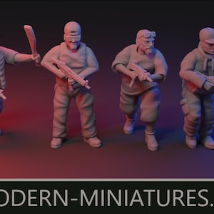 May include: Four miniature figures of armed soldiers in combat poses. Each figure is wearing a hat or goggles, and carrying a weapon. One figure holds a bat. The figures are in shades of gray, with a red and blue gradient background. The text "MODERN-MINIATURES.EU" is at the bottom.
