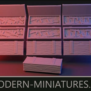 May include: A collection of miniature wooden crates, some open to reveal miniature weapons. The crates are light brown with a wood grain texture. The image has a red and blue gradient background. The text "MODERN-MINIATURES.EU" is at the bottom.