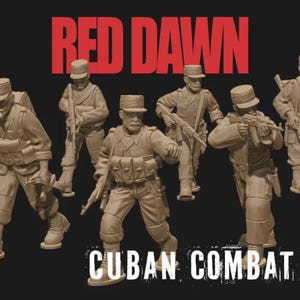May include: A group of eight tan-colored miniature soldiers in military uniforms, posed against a black background. The text "RED DAWN" is displayed in red at the top, and "CUBAN COMBAT GROUP" is at the bottom.