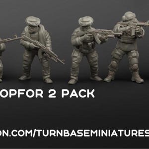 May include: A group of six miniature military figures in combat gear, holding rifles. The figures are in a neutral color palette, with the text "OPFOR 2 PACK" and a logo with the text "PATREON.COM/TURNBASEMINIATURES" at the bottom.