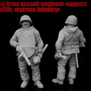 May include: A gray scale image of two miniature figures of Red Army assault engineer-sappers. The figures are wearing helmets, body armor, and carrying weapons. The text "Red Army assault engineer-sappers ShlSBr, «cuirass infantry»" is at the top of the image.