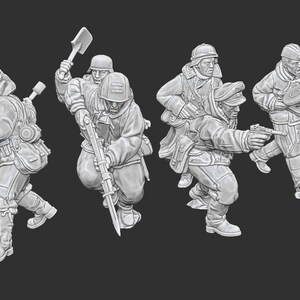 May include: A grayscale image of five miniature soldiers in action poses. Each figure is dressed in military attire, carrying weapons such as rifles, shovels, and machine guns. The figures are set against a dark background.