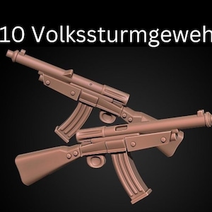 May include: Two brown toy rifles are displayed against a dark background. The text "x10 Volkssturmgewehr" is at the top. The rifles have a magazine, a barrel, and a stock.