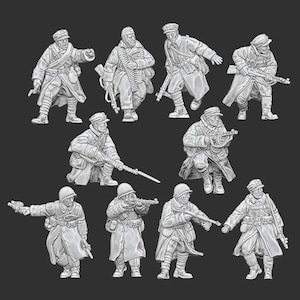 May include: A collection of miniature figurines depicting soldiers in winter uniforms. The figures are in various action poses, holding rifles and other military equipment. The color is a neutral gray.