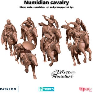 May include: A collection of brown Numidian cavalry miniatures, each mounted on a horse and holding weapons. The text "Numidian cavalry" and "Eskice Miniature" are visible. The miniatures are 28mm scale and rescalable.