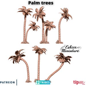 May include: A collection of miniature palm trees in various poses. The trees have brown trunks and detailed fronds. The image includes the text "Palm trees" at the top and the Eskice Miniature logo. The trees are set against a white background.