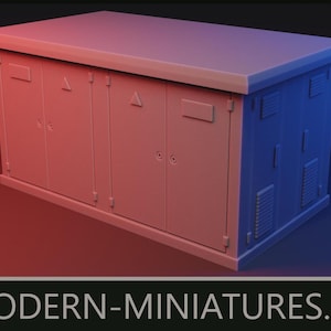 May include: A 3D-rendered model of a utility box, with a flat roof and multiple doors. The box is primarily a muted pink color on the front and a blue color on the side, with a gradient background. The text "MODERN-MINIATURES.EU" is at the bottom.