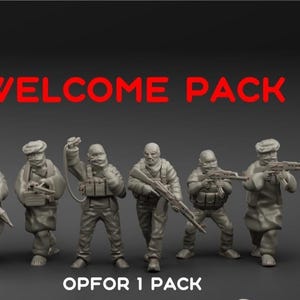 May include: A promotional image for Turnbase, featuring a "WELCOME PACK" in red text. The image showcases six miniature soldier figurines in various poses, each holding weapons. The figurines are in a neutral color, set against a dark gray background.