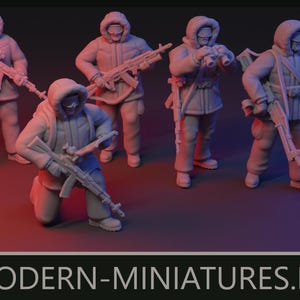 May include: Five miniature figures of soldiers in winter gear, each holding a rifle. The figures are in various poses, including kneeling and standing. The figures are light gray and have hoods. The text "MODERN-MINIATURES.EU" is at the bottom.