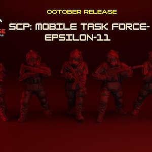 May include: Image of five figures in tactical gear, holding rifles, against a dark red background. The text "OCTOBER RELEASE" and "SCP: MOBILE TASK FORCE- EPSILON-11" are displayed. The Turnbase logo is in the upper left corner.