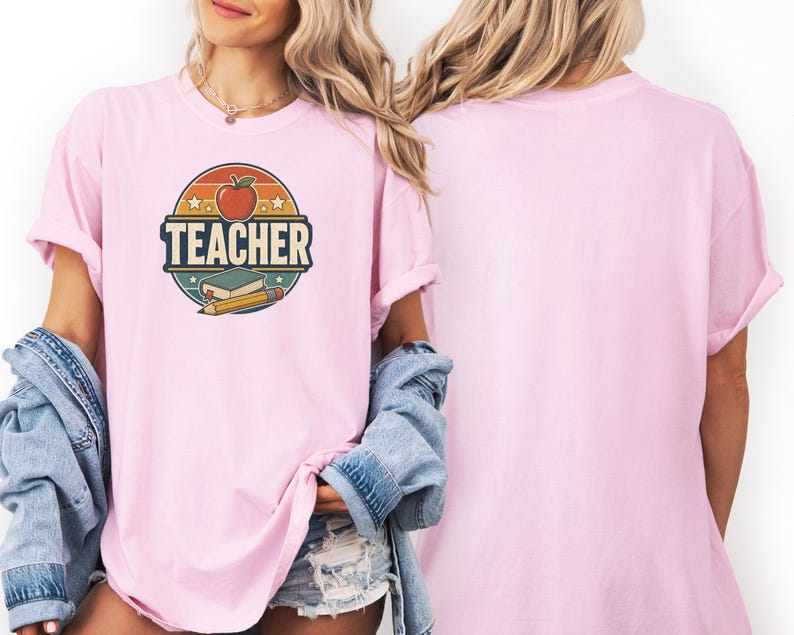 Front and back view of a Blossom teacher shirt featuring a retro TEACHER design with apple, book and pencil on the front.