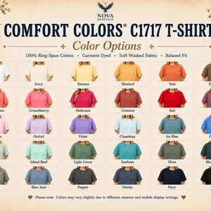 Comfort Colors C1717 T-Shirt color options chart showing 30 garment-dyed shirt colors on female torso mockups, including White, Ivory, Pepper, Blue Jean, Navy, Black, Seafoam, Moss, Berry, Blossom, Chambray, and more with fabric features.