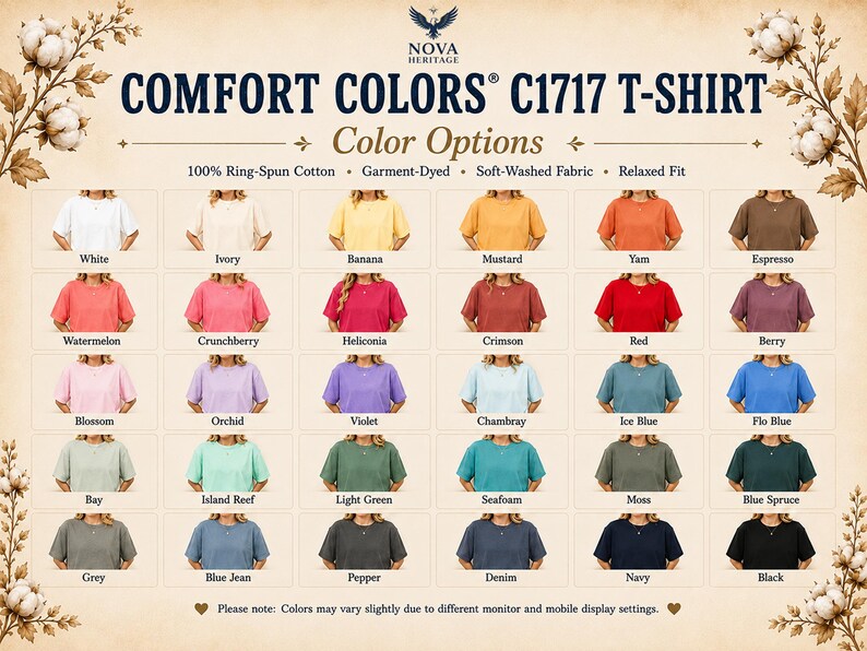 Comfort Colors C1717 T-Shirt color options chart showing 30 garment-dyed shirt colors on female torso mockups, including White, Ivory, Pepper, Blue Jean, Navy, Black, Seafoam, Moss, Berry, Blossom, Chambray, and more with fabric features.