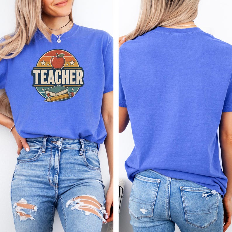 Front and back view of a Flo Blue teacher shirt with retro TEACHER graphic, apple, book and pencil on the front and plain back.
