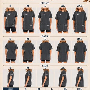 Comfort Colors C1717 detailed size guide showing front, back, and side views for sizes S–2XL on a Pepper color T-shirt. Includes width, length, sleeve measurements in inches, fabric features, and relaxed fit reference chart.