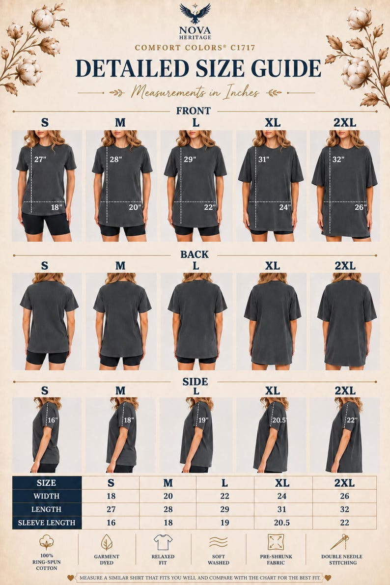 Comfort Colors C1717 detailed size guide showing front, back, and side views for sizes S–2XL on a Pepper color T-shirt. Includes width, length, sleeve measurements in inches, fabric features, and relaxed fit reference chart.