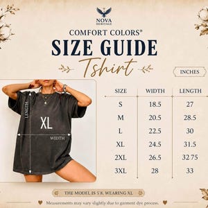Comfort Colors C1717 T-Shirt size guide in inches showing width and length measurements for sizes S–3XL, with a model wearing XL and arrows indicating where to measure garment width and length.