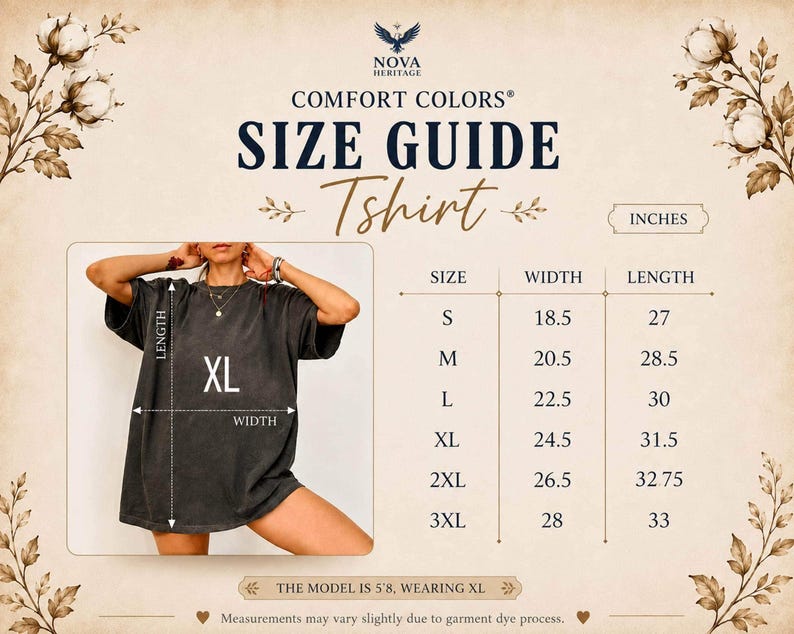 Comfort Colors C1717 T-Shirt size guide in inches showing width and length measurements for sizes S–3XL, with a model wearing XL and arrows indicating where to measure garment width and length.