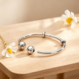 Sterling Silver Open Bangle, Modern Design, Pandora Logo Engraved Balls