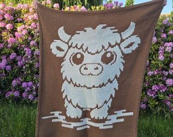 Highland Cow Mosaic Crochet Blanket Pattern PDF, Overlay Mosaic Crochet Chart, Cute Cow Afghan Pattern, Farm Animal Crochet Throw PDF