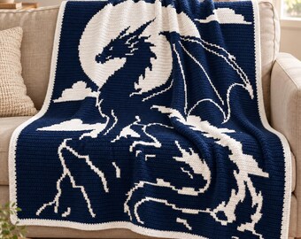 Dragon Moon Mosaic Crochet Blanket Pattern PDF, Overlay Mosaic Crochet Chart, Fantasy Dragon Afghan, Digital Download