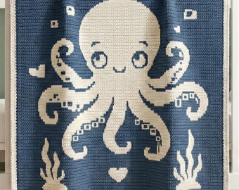 Cute Octopus Blanket Pattern PDF, Octopus Mosaic Crochet Blanket, Overlay Mosaic Crochet Pattern, Ocean Afghan Throw, Nursery Gift