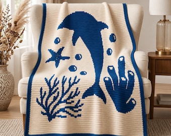 Delfin Mosaik Häkeldecke Muster PDF, Overlay Mosaik Häkeldecke, Ocean Animal Afghan Muster, Strand Häkeldecke PDF