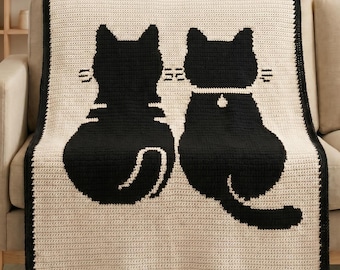 かわいい猫のモザイクかぎ針編みブランケットのパターンPDF、黒猫のかぎ針編みスロー、猫好きのためのブランケット、オーバーレイモザイクかぎ針編みパターン、居心地の良いブランケットPDF