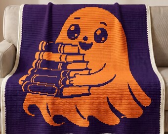 幽霊の本好きのためのモザイクかぎ針編みブランケットのパターンPDF、オーバーレイモザイクかぎ針編みチャート、ハロウィンアフガン、かわいい幽霊の読書スロー