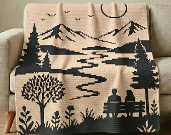 Patrón de manta de ganchillo con mosaico superpuesto en PDF, manta afgana de lago de montaña, ganchillo de bosque escénico, patrón de manta para decoración de cabaña