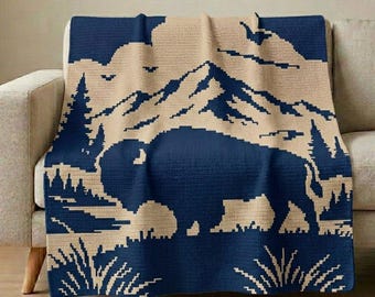 Bison Mosaic Crochet Blanket Pattern PDF, Overlay Mosaic Crochet Pattern, Mountain Wildlife Blanket, Buffalo Crochet PDF
