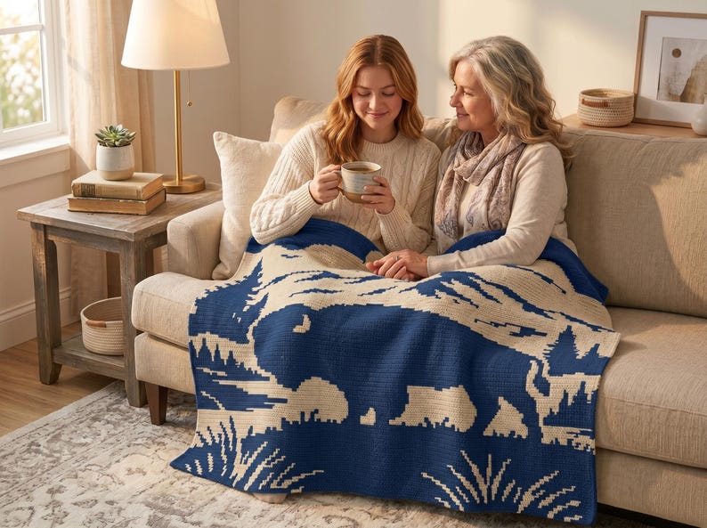 Puede incluir: Una manta de punto azul marino y crema con una silueta de bisonte en un dise&ntilde;o de paisaje. La manta est&aacute; sobre un sof&aacute; beige, con dos personas sentadas en &eacute;l. La escena est&aacute; ambientada en un sal&oacute;n acogedor.