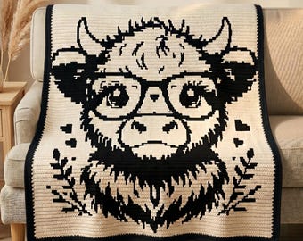 Süße Highland Kuh Mosaik Häkeldecke Muster PDF, Overlay Mosaik Häkeldecke, Highland Kuh Afghan Muster, Bauernhof Tier Überwurf PDF