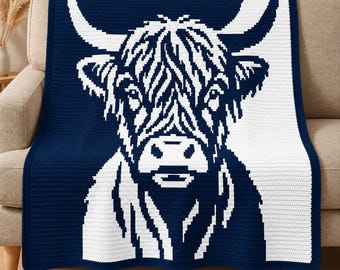 Highland Cow Mosaic Crochet Blanket Pattern PDF, Overlay Crochet Chart, Farmhouse Cow Afghan Digital Download