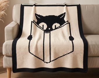読書猫モザイクかぎ針編みブランケットパターンPDF、オーバーレイモザイクかぎ針編みチャート、黒猫読書好きアフガン、猫好きスロー