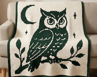 Owl Blanket Pattern PDF, Owl Mosaic Crochet Blanket, Overlay Mosaic Crochet Pattern, Moon Owl Afghan Throw, Owl Lover Gift