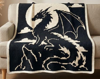 Dragon Blanket Pattern PDF, Dragon Mosaic Crochet Blanket, Overlay Mosaic Dragon Pattern, Fantasy Crochet Throw, Dragon Lover Gift