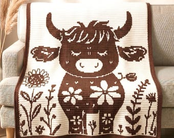 Cute Floral Highland Cow Mosaic Crochet Blanket Pattern PDF, Overlay Mosaic Crochet Chart, Highland Cow Afghan Pattern, Farmhouse Throw PDF