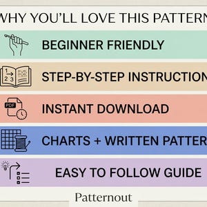 Puede incluir: Gr&aacute;fico con texto sobre un fondo claro. El texto dice "POR QU&Eacute; TE ENCANTAR&Aacute; ESTE PATR&Oacute;N" y enumera caracter&iacute;sticas como "PARA PRINCIPIANTES", "INSTRUCCIONES PASO A PASO" y "DESCARGA INSTANT&Aacute;NEA". La parte inferior del gr&aacute;fico dice "Patternout".