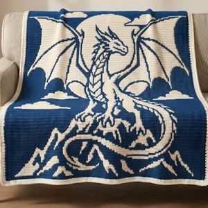 Schema PDF per coperta all'uncinetto a mosaico di drago, schema a mosaico sovrapposto all'uncinetto, schema per coperta afghana con drago fantasy, schema PDF per coperta all'uncinetto mitologica