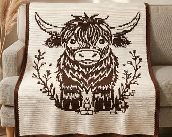 Highland Kuh Mosaik Häkeldecke Muster PDF, Overlay Mosaik Häkeldecke, Rustikales Kuhafghan Muster, Bauernhaus Häkeldecke PDF