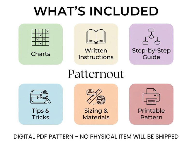 May include: Graphic showing what's included in a digital PDF pattern. Includes charts, written instructions, a step-by-step guide, tips and tricks, sizing and materials, and a printable pattern. The text "Patternout" is also included.