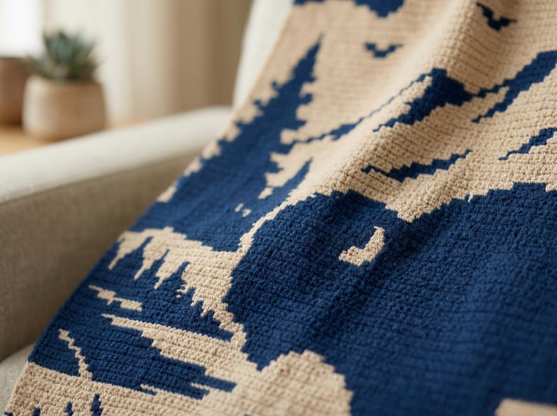 Puede incluir: Primer plano de una manta de ganchillo beige y azul marino. La manta presenta un dise&ntilde;o de monta&ntilde;a y &aacute;rboles. La manta est&aacute; colocada sobre un sill&oacute;n de color claro.