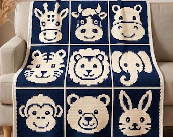 Baby Safari Animals Mosaic Crochet Blanket Pattern PDF, Overlay Mosaic Crochet Chart, Nursery Animal Afghan Pattern, Zoo Baby Throw PDF