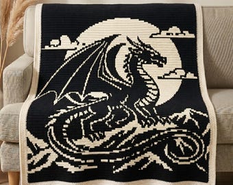 Dragon Mosaic Crochet Blanket Pattern PDF, Overlay Mosaic Crochet Chart, Fantasy Dragon Afghan Pattern, Gothic Crochet Throw, mosaic crochet