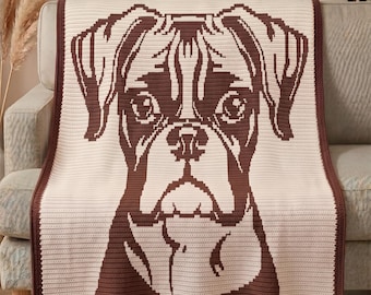 ボクサー犬のモザイクかぎ針編みブランケットのパターン（PDF）、オーバーレイモザイクかぎ針編みチャート、犬の肖像画アフガンパターン、ペット愛好家向けスロー（PDF）