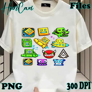 May include: White t-shirt featuring colorful cartoon graphics. The shirt displays various geometric shapes and characters in shades of yellow, green, blue, and red. The text "PNG" and "300 DPI" are visible at the bottom.