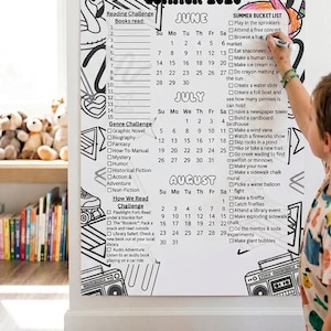 May include: A large white poster with the title "Summer 2026" and a calendar for June, July, and August. The poster includes reading and summer bucket list challenges, with illustrations of a skateboard and a flamingo.